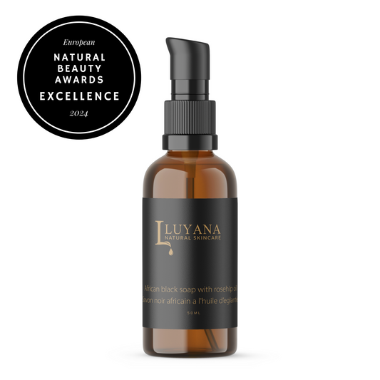 Pump bottle of Luyana Skincare African Black Soap Cleanser with Rosehip and European Natural Beauty Awards 2024 Excellence badge