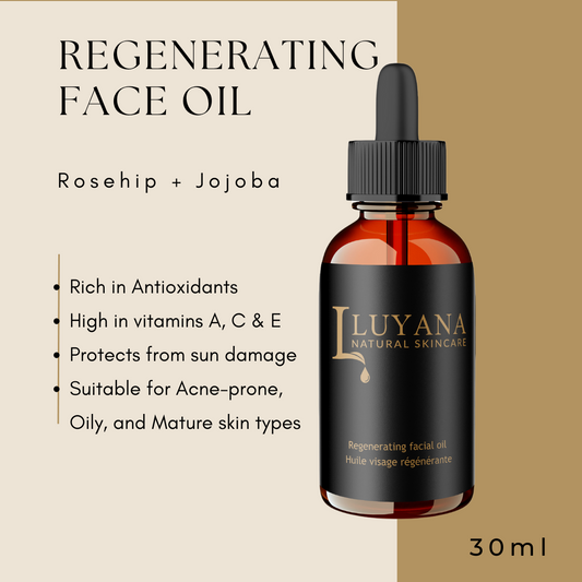 Amber glass bottle with Regenerating Oil, with text describing the benefits of the oil