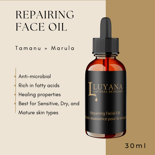 Amber glass bottle with Repairing Oil, with text describing the benefits of the oil