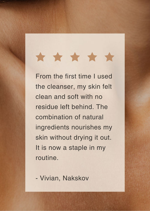 Five-star review card on a skin texture background