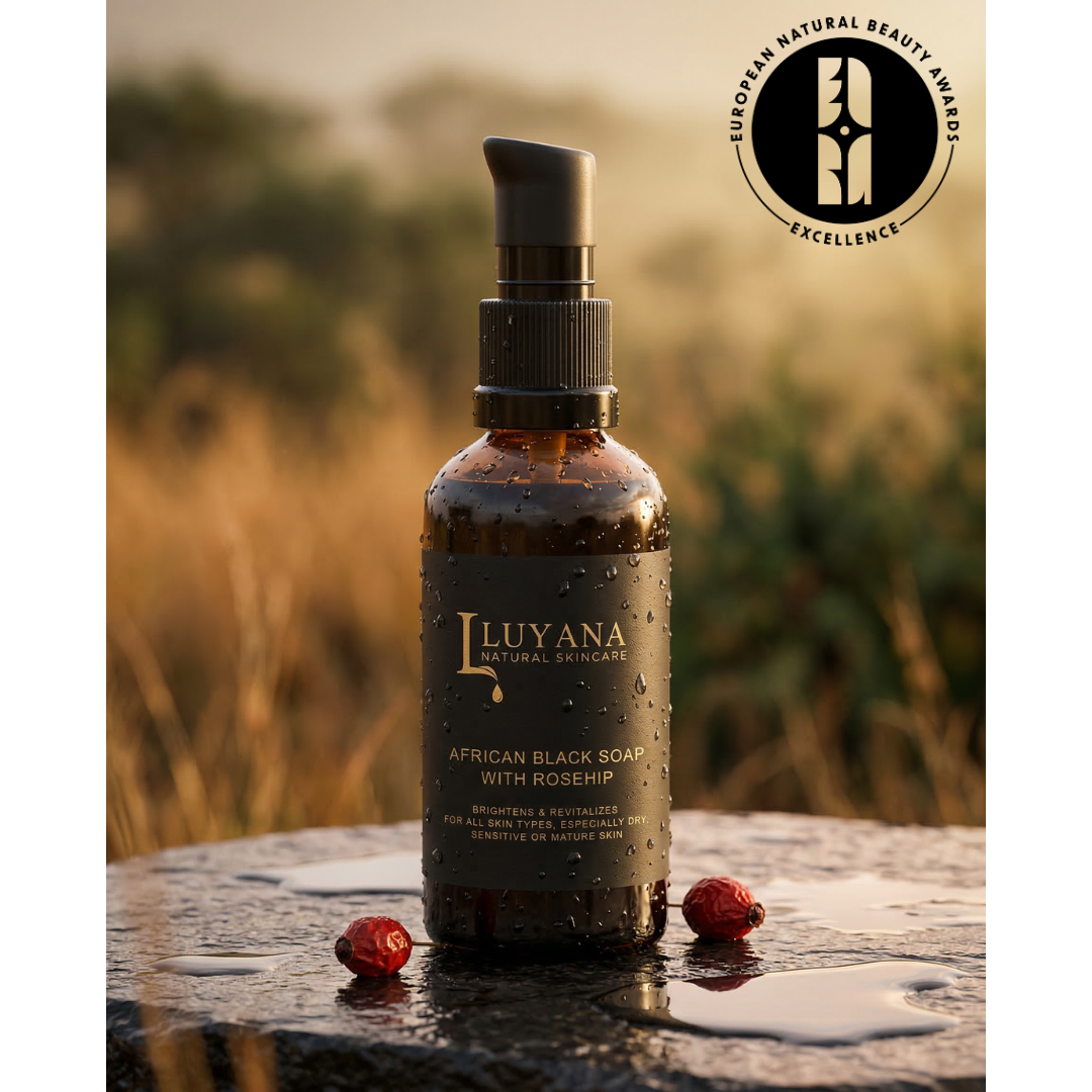 Luyana Skincare African Black Soap with Rosehip bottle on a stone surface with a blurred natural background