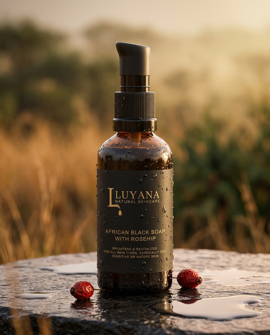 Luyana Skincare African Black Soap with Rosehip bottle on a stone surface with a blurred natural background