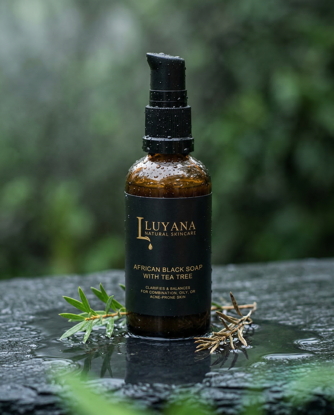Luyana Skincare African Black Soap with Tea Tree bottle with a black pump on a dark surface with greenery in the background