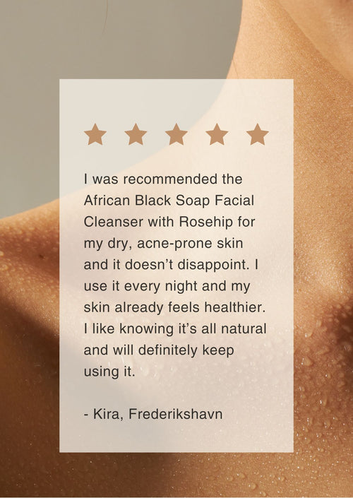 Five-star review of African Black Soap Facial Cleanser with Rosehip on a skin background