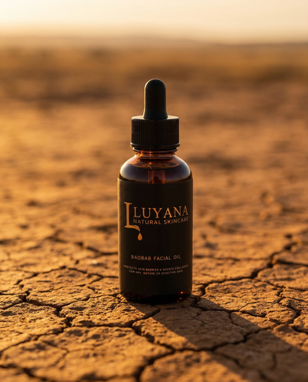 Luyana Skincare Baobab Oil in a dropper bottle on a cracked desert ground with a warm glow.
