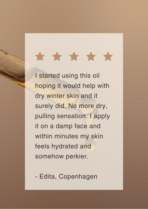 Five-star rating card with customer review on a beige background