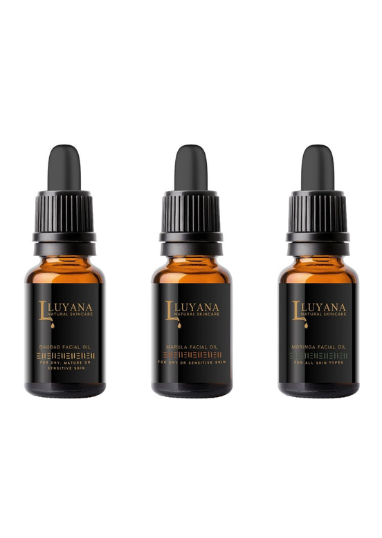 Three 10ml Luyana Skincare bottles containing the Barrier Protection Oils on a white background