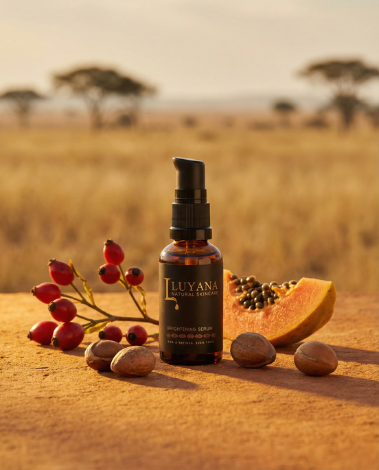 Luyana Skincare Brightening Serum in an amber pump bottle with natural ingredients on a desert background.