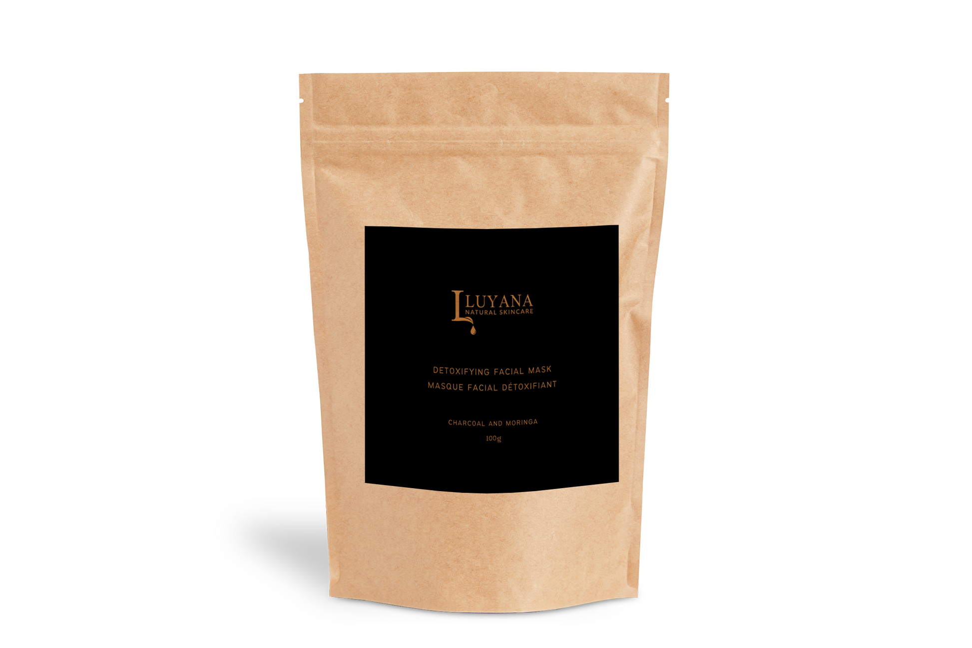 Luyana Skincare doypack for Detoxifying Facial Mask containing activated charcoal and moringa powder