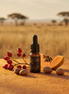 Bottle of Luyana skincare serum with fruits and seeds on a sandy background