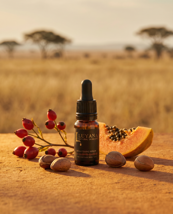 Bottle of Luyana skincare serum with fruits and seeds on a sandy background
