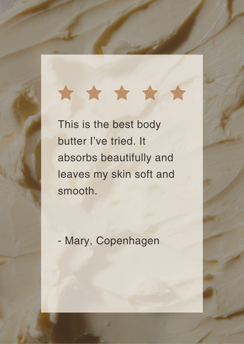 Five-star review card for body butter with a swatch of the product in the background