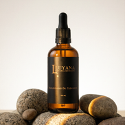 Brown glass bottle with dropper labeled 'Leuyana' on a light background with stones.