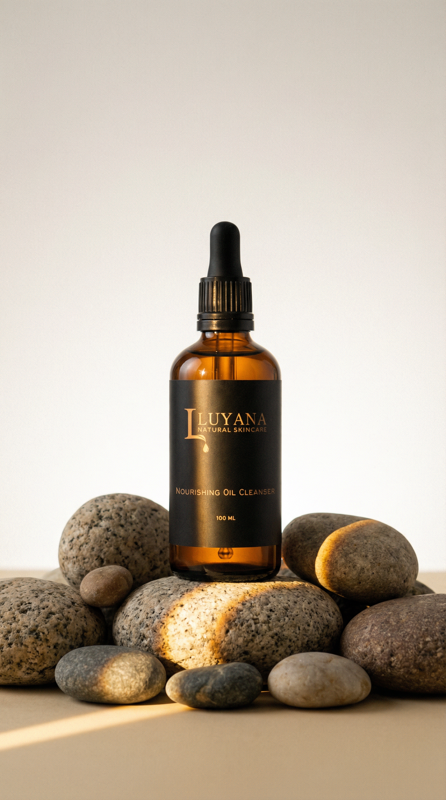 Brown glass bottle with dropper labeled 'Leuyana' on a light background with stones.