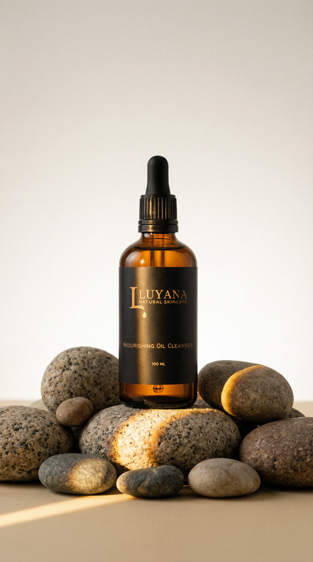 Brown glass bottle with dropper labeled 'Leuyana' on a light background with stones.