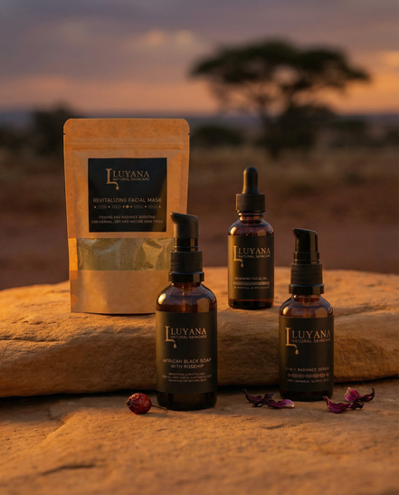 Luyana Skincare Sacred Glow Ritual collection products on a stone surface with a sunset landscape in the background