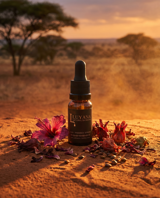 Luyana skincare bottle with flowers on a desert landscape